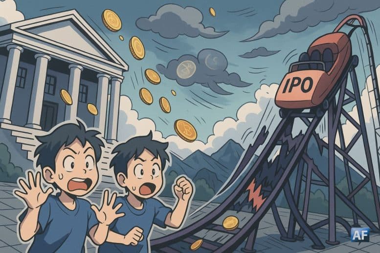 Façade d’une bourse transformée en montagne russe : un petit wagon « IPO » descend une pente, quelques pièces chutent en étincelles, deux jumeaux prennent un air paniqué
