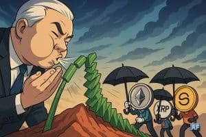 Un banquier central géant souffle sur un montagne de chandeliers verts qui se replient en accordéon, tandis que ETH, XRP et SOL portent des parapluies anti-volatilité.