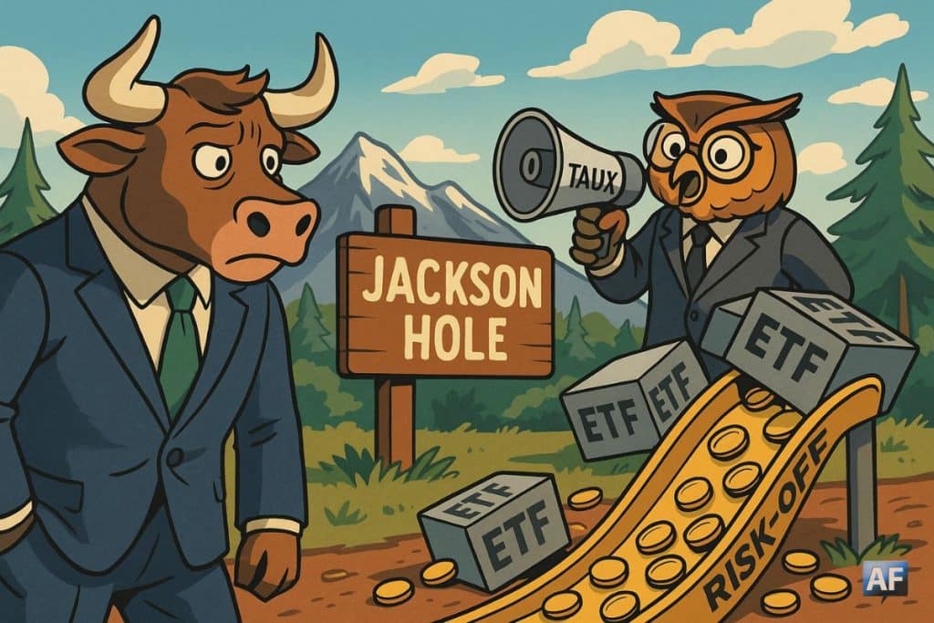 Un taureau en costume regarde un panneau « Jackson Hole » tandis qu’un hibou-banquier tient un mégaphone « taux ». Au sol, des ETF-boîtes déversent des pièces qui glissent vers un toboggan « risk-off ».