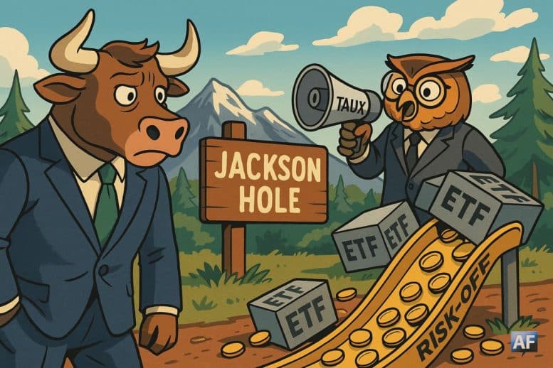 Un taureau en costume regarde un panneau « Jackson Hole » tandis qu’un hibou-banquier tient un mégaphone « taux ». Au sol, des ETF-boîtes déversent des pièces qui glissent vers un toboggan « risk-off ».