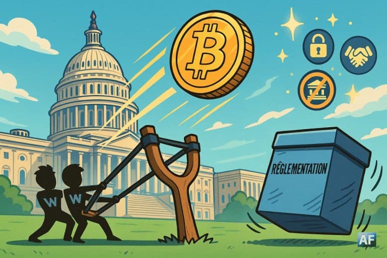 Dans un Capitole stylisé, deux jumeaux « W » catapultent une énorme pièce BTC dorée dans un lance-pierres « Digital Freedom Fund ».