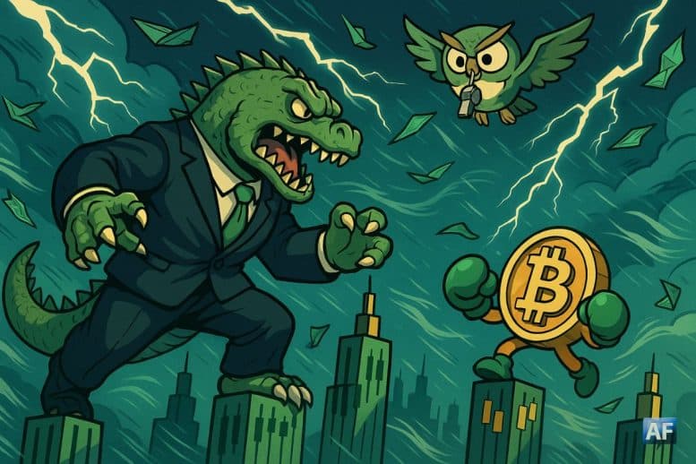 Un kaijū-Dollar géant en costume cravate affronte un chibi-Bitcoin en gants de boxe sur des gratte-ciel-chandeliers. Un hibou-Fed arbitre avec un sifflet.