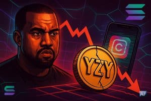 Un gros jeton YZY fissuré tombe en avant-plan sur un graphe rouge en chute, à côté d'un portrait de Kanye West en trois-quarts, expression tendue.