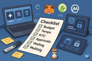 Vue en plongée sur un bureau crypto avec une grande checklist au centre, un laptop, un hardware wallet Ledger et des icônes MetaMask, CoinGecko, CoinMarketCap et Scam Sniffer.