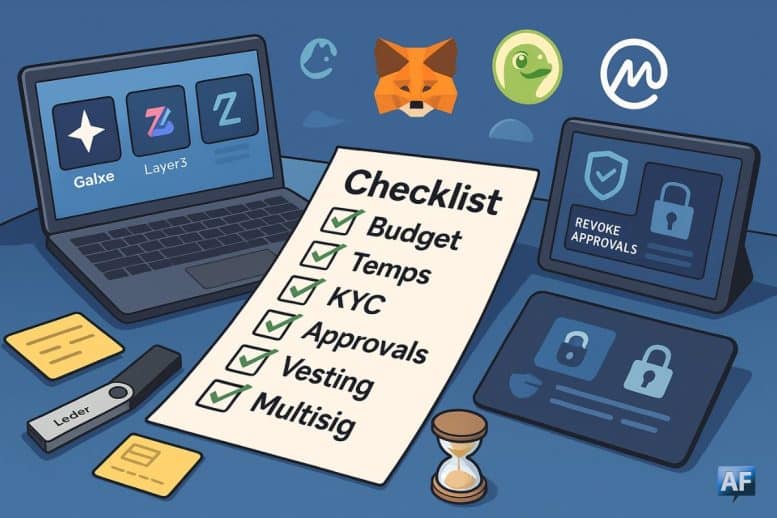 Vue en plongée sur un bureau crypto avec une grande checklist au centre, un laptop, un hardware wallet Ledger et des icônes MetaMask, CoinGecko, CoinMarketCap et Scam Sniffer.