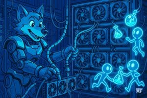 Un loup-mécha sympathique (TeraWulf) branche des tuyaux de refroidissement liquide sur des baies GPU qui ronronnent, pendant que des lutins-IA néon transportent des éclairs de calcul dans des fioles.