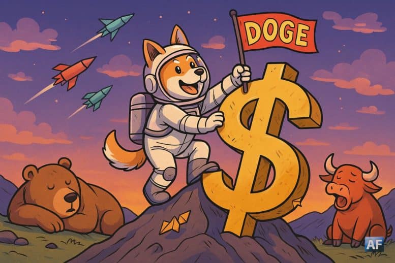 Un chien Shiba astronaute grimpe une montagne en forme de 1 $, drapeau « DOGE » au sommet ; au loin, un ours endormi et un taureau qui bâille ; style coloré, ton humoristique, ciel crépusculaire, clins d’œil à des rockets en origami.