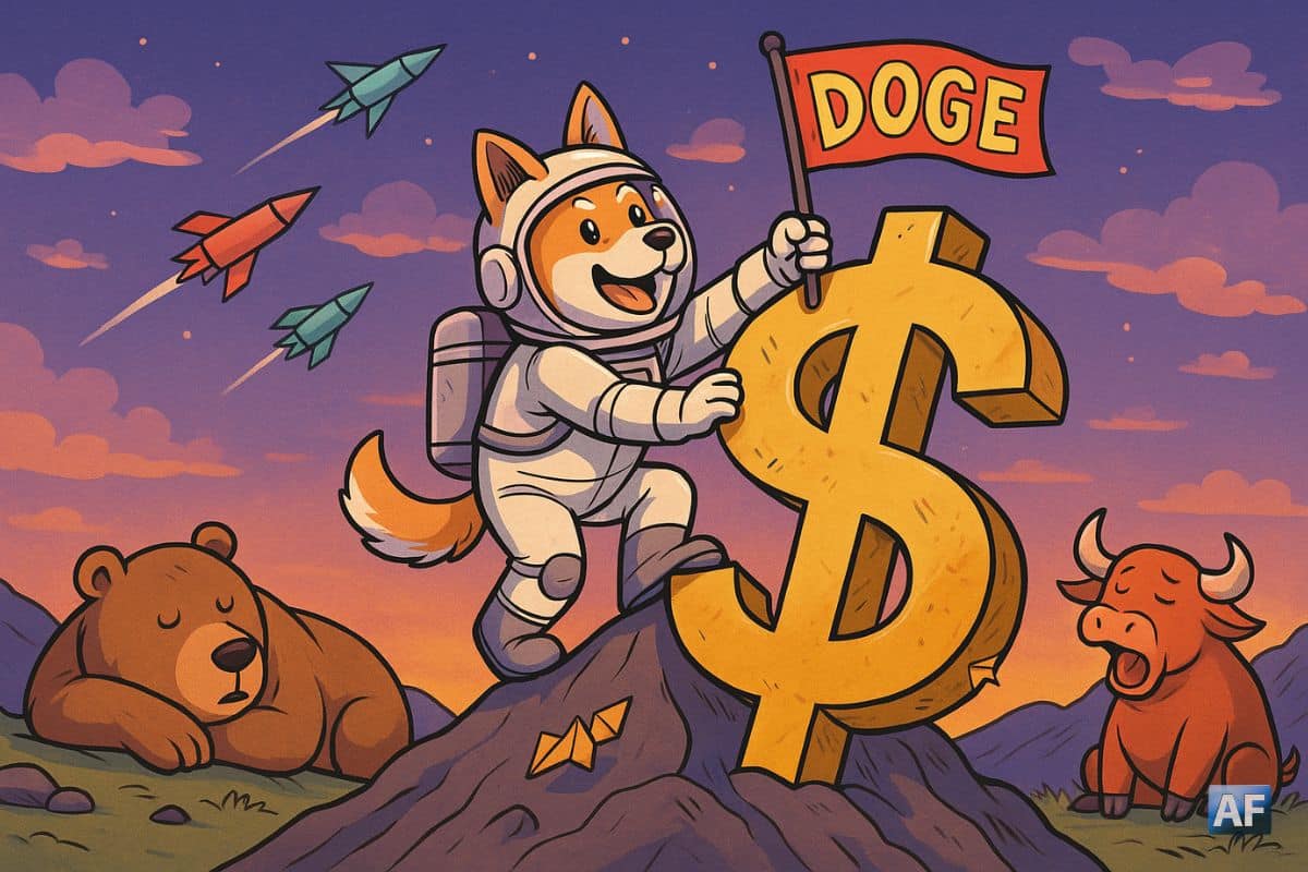 Un chien Shiba astronaute grimpe une montagne en forme de 1 $, drapeau « DOGE » au sommet ; au loin, un ours endormi et un taureau qui bâille ; style coloré, ton humoristique, ciel crépusculaire, clins d’œil à des rockets en origami.