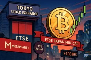Tokyo Stock Exchange au crépuscule : grande pièce Bitcoin, chandeliers haussiers, logos Metaplanet et FTSE Russell, ruban « FTSE Japan mid-cap », panneau LED « +103 BTC ».
