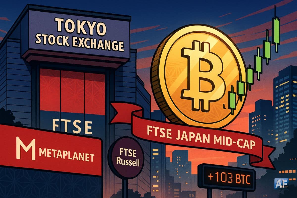 Tokyo Stock Exchange au crépuscule : grande pièce Bitcoin, chandeliers haussiers, logos Metaplanet et FTSE Russell, ruban « FTSE Japan mid-cap », panneau LED « +103 BTC ».