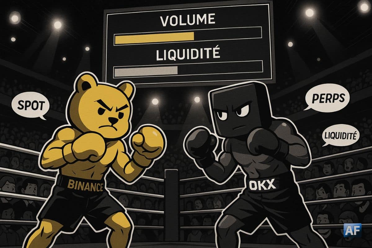 Deux boxeurs OKX et Binance s'affrontent sur un ring, avec un panneau indiquant des jauges 