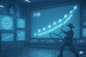 Une salle de contrôle futuriste du Département du Commerce, avec un graphe du PIB qui se matérialise en blocs reliés par une chaîne lumineuse. Sur des écrans, des tampons “vérifié on-chain” et des pictos d’oracles.