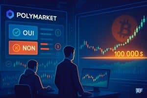 Salle de trading futuriste, deux analystes de dos devant des écrans ; à gauche interface Polymarket (logo, boutons Oui/Non), à droite courbe du Bitcoin frôlant la barre lumineuse des 100 000 $, ambiance néon bleu/orange.