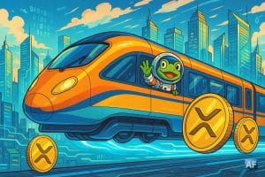 Un train futuriste en lévitation transporte des pièces XRP dorées à travers un paysage numérique de gratte-ciel financiers ; une petite grenouille, chauffeur en combinaison spatiale, salue par la fenêtre.