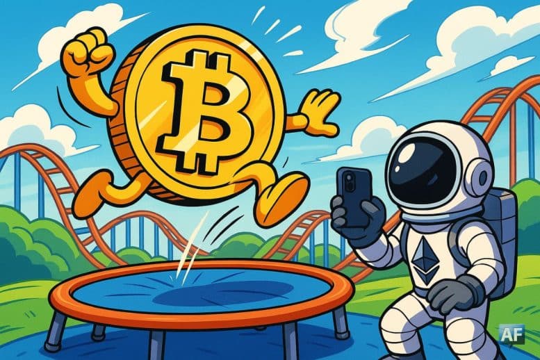 Un Bitcoin géant rebondit sur un trampoline de montagnes russes, tandis qu’Ethereum, déguisé en astronaute, le filme avec un smartphone.