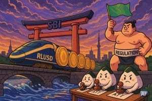 Au crépuscule sur Tokyo, un shinkansen « RLUSD » en pièces de monnaie traverse un pont-torii « SBI » au-dessus d’une rivière de liquidité ; un sumo-garde « régulation » lève un drapeau vert.