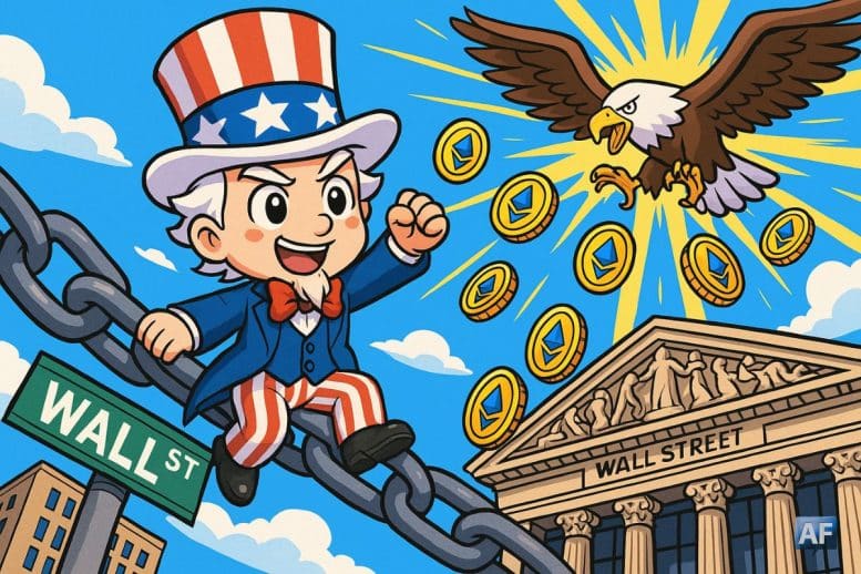 Un oncle Sam version chibi chevauche une gigantesque chaîne au-dessus de Wall Street, tandis qu’un aigle stylisé fait pleuvoir des pièces d’Ethereum.