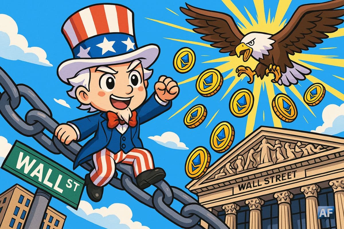 Un oncle Sam version chibi chevauche une gigantesque chaîne au-dessus de Wall Street, tandis qu’un aigle stylisé fait pleuvoir des pièces d’Ethereum.