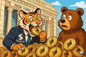 Un tigre élégant portant le logo SharpLink dévore des pièces d’or marquées ETH, tandis qu’un ours médusé observe devant le New York Stock Exchange