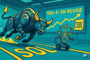 Salle de marché futuriste : un taureau robot fait du sprint sur une piste étiquetée « SOL », derrière une balance portant un badge « SEC ». Au mur, un tableau « 19b-4 : en revue », courbe montante et post-it « commentaires ouverts ».