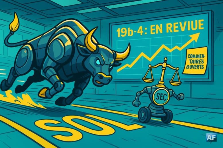 Salle de marché futuriste : un taureau robot fait du sprint sur une piste étiquetée « SOL », derrière une balance portant un badge « SEC ». Au mur, un tableau « 19b-4 : en revue », courbe montante et post-it « commentaires ouverts ».