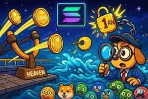 Sur un ponton spatial façon bourse, un lance-pierre “Heaven” catapulte des pièces LIGHT vers une mer de memecoins sur fond de logo Solana néon.