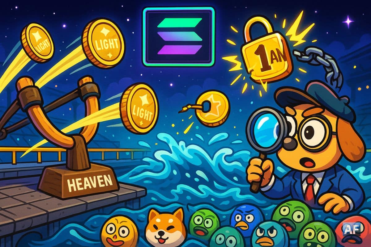 Sur un ponton spatial façon bourse, un lance-pierre “Heaven” catapulte des pièces LIGHT vers une mer de memecoins sur fond de logo Solana néon.