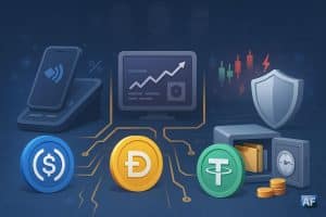 Quatre scènes reliées par des circuits — paiements USDC, rendement DeFi DAI, couverture USDT et trésorerie d’entreprise — en style éditorial premium, net et lumineux.