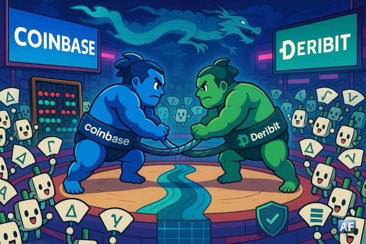 Arène de sumo quantique : deux lutteurs bleu “Coinbase” et vert “Deribit” s’affrontent, leurs ceintures s’entrelaçant pour dessiner un “smile” d’options. Autour, foule de chandeliers chibi agitant des éventails marqués uniquement Δ, Γ, vega.