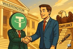 Un jeton USDT en costume serre la main d’un conseiller en costume bleu devant un bâtiment néoclassique « Washington ». Des documents législatifs s’alignent en escalier vers une enseigne « Compliance ».