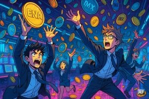 Une salle de marché futuriste façon BD, où des jetons ENA et IMX pleuvent comme des pièces alors que des traders en costume style manga tentent de les attraper