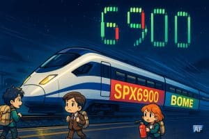 Un TGV futuriste lancé à pleine vitesse, chaque wagon porte un ticker géant : T6900, SPX6900, BOME. Sur le quai, des investisseurs miniatures hésitent.