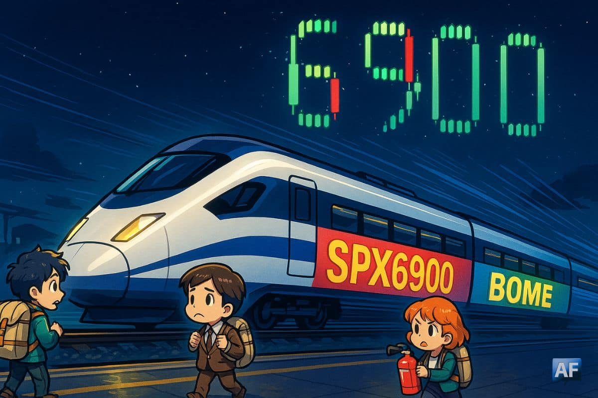 Un TGV futuriste lancé à pleine vitesse, chaque wagon porte un ticker géant : T6900, SPX6900, BOME. Sur le quai, des investisseurs miniatures hésitent.