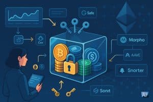 Une analyste crypto, tablette en main, se tient devant un coffre multisig transparent avec cadenas et trois clés, piles BTC/ETH/USDC, panneaux flottants Safe, Aave, Morpho (cloche d’alerte), flèches vers Binance/CEX.