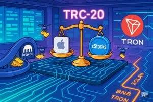 Salle des marchés futuriste posée sur un circuit imprimé Tron ; au centre, une balance pèse une action Apple et un jeton TRC-20 marqué « xStocks ».