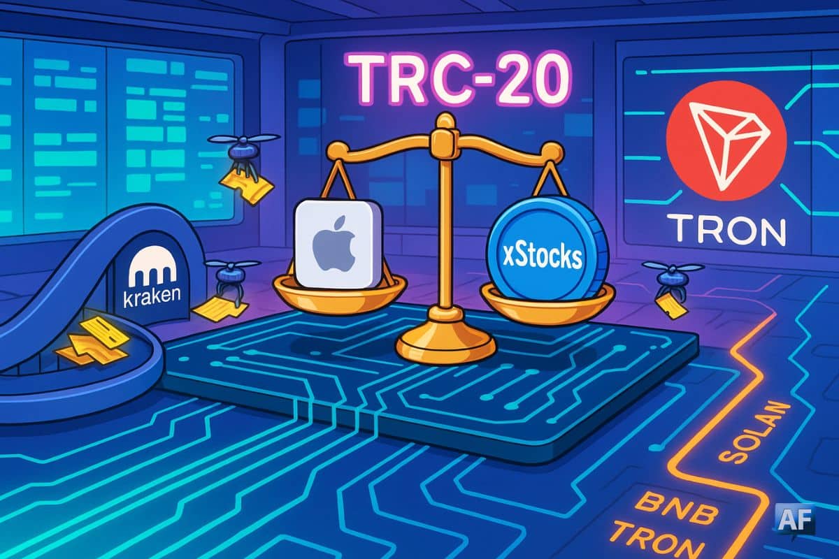 Salle des marchés futuriste posée sur un circuit imprimé Tron ; au centre, une balance pèse une action Apple et un jeton TRC-20 marqué « xStocks ».