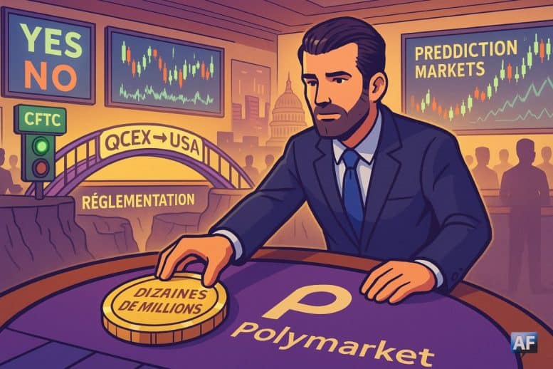 Dans une salle de marché-casino, Donald Trump Jr en costume bleu nuit pose un gros jeton “dizaines de millions” sur une table Polymarket violette.
