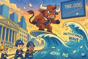 Un taureau façon manga surfe une pièce Bitcoin dorée sur une « vague institutionnelle » tirée par des traders chibi ETF/401(k)/M2 devant un NYSE stylisé, cap sur 190 000 $.