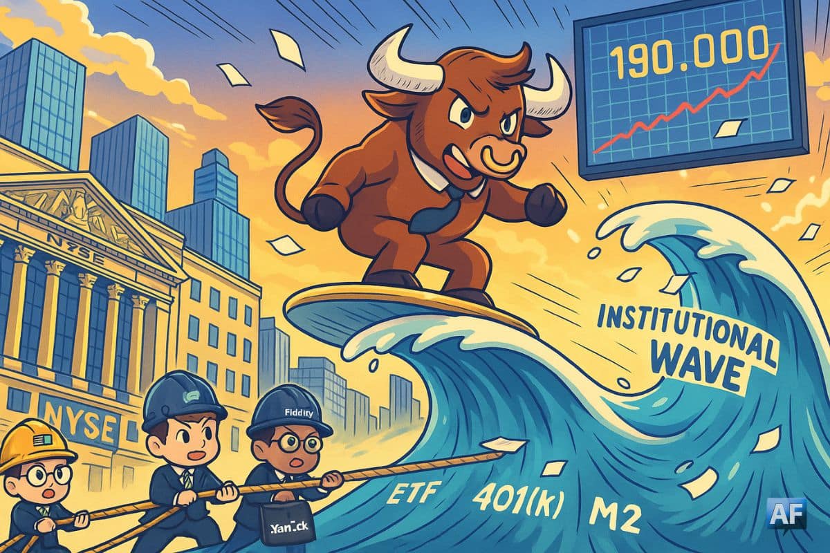 Un taureau façon manga surfe une pièce Bitcoin dorée sur une « vague institutionnelle » tirée par des traders chibi ETF/401(k)/M2 devant un NYSE stylisé, cap sur 190 000 $.