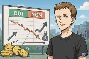 Vitalik Buterin debout devant un tableau « OUI/NON » de marché prédictif (courbe rouge en baisse, flèches), pièces « collatéral » endormies, coffre-fort, skyline urbaine.