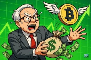 Warren Buffett version manga, costume gris et lunettes, agrippé à un sac débordant de billets alors qu’un énorme Bitcoin ailé s’envole hors de ses mains