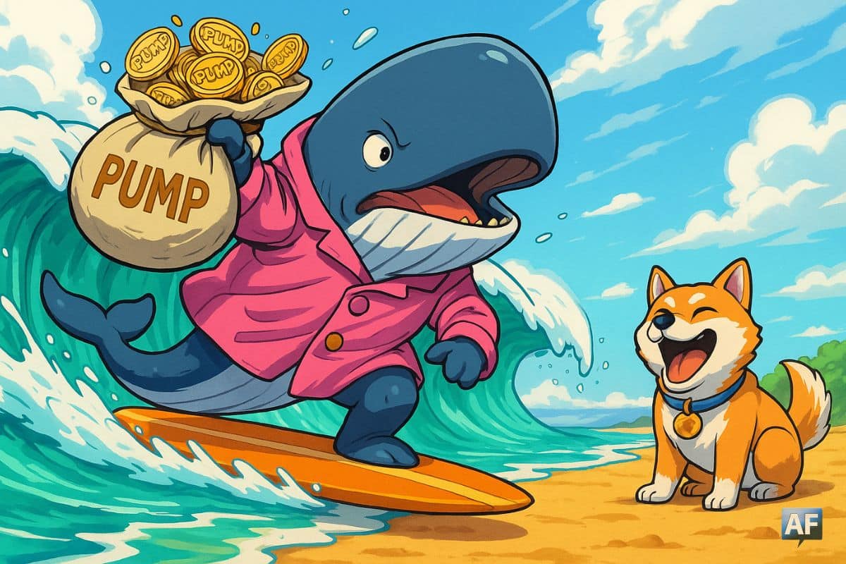 Un gigantesque cachalot en imperméable rose tente d’équilibrer un sac rempli de pièces PUMP sur une planche de surf, tandis qu’une vague de liquidité se retire soudain, révélant un chien Maxidoge hilare sur la plage