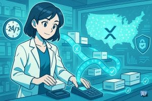 Dans une pharmacie moderne, une pharmacienne pose une boîte de médicaments sur un terminal de paiement, et un ruban-blockchain translucide symbolisant XRPL relie le terminal à une chaîne d’approvisionnement de boîtes en arrière-plan