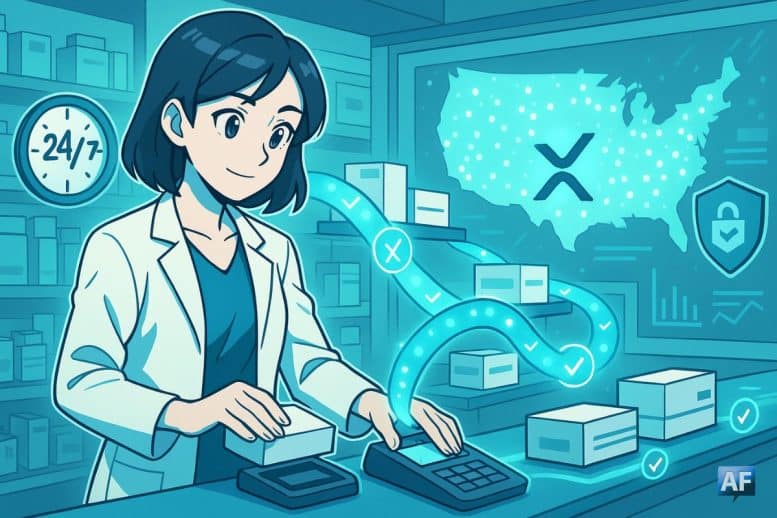 Dans une pharmacie moderne, une pharmacienne pose une boîte de médicaments sur un terminal de paiement, et un ruban-blockchain translucide symbolisant XRPL relie le terminal à une chaîne d’approvisionnement de boîtes en arrière-plan