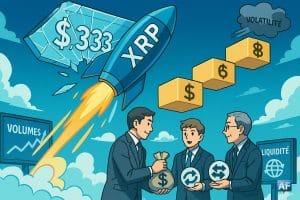 Une fusée « XRP » stylisée tente de percer un plafond de verre marqué « 3,33 $ », pendant que des briques “6 $” et “8 $” forment un escalier céleste. En bas, des banquiers en costume échangent des sacs d’argent contre des symboles de paiements transfrontaliers.