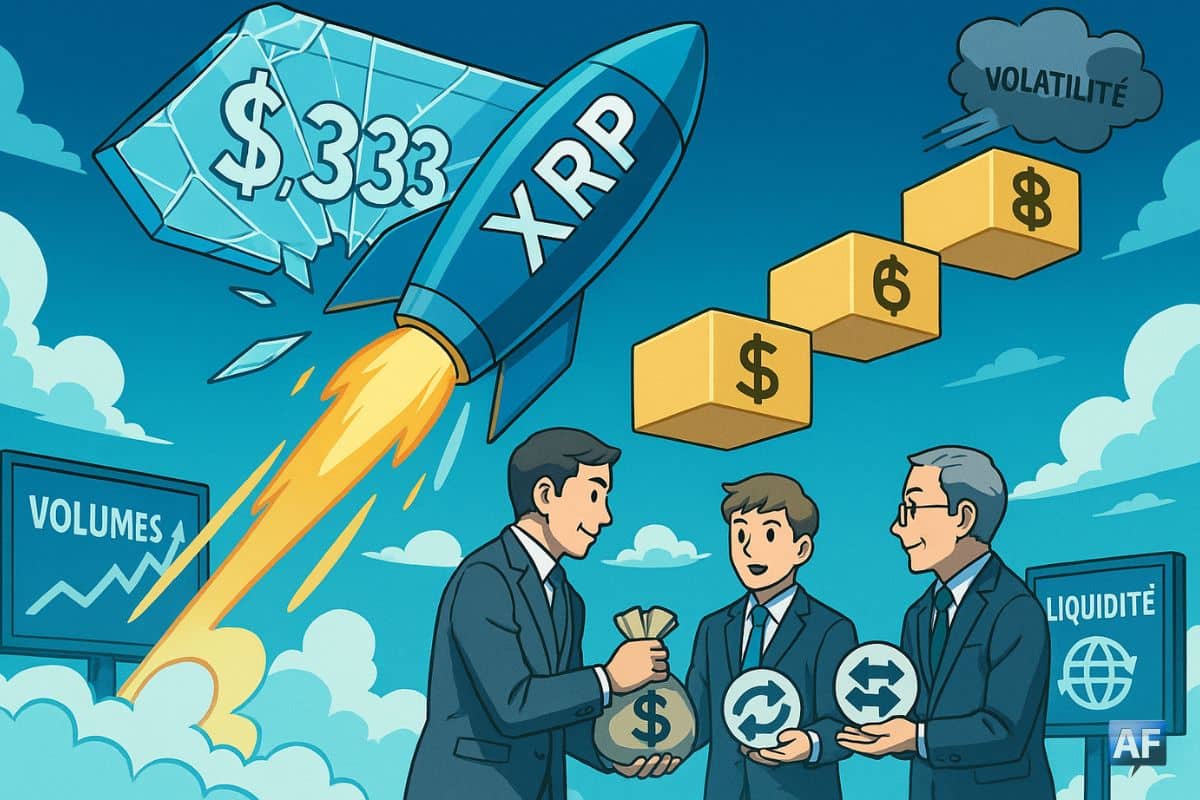 Une fusée « XRP » stylisée tente de percer un plafond de verre marqué « 3,33 $ », pendant que des briques “6 $” et “8 $” forment un escalier céleste. En bas, des banquiers en costume échangent des sacs d’argent contre des symboles de paiements transfrontaliers.