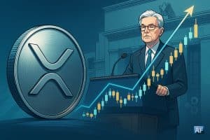 Pièce XRP en métal au premier plan, Jerome Powell derrière un pupitre devant la Fed, graphique en chandeliers haussier et flèche ascendante, palette bleu pétrole et or.