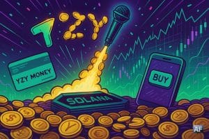 Une micro-fusée décolle d’un tas de pièces formant « YZY », avec un panneau « Solana », une carte « YZY MONEY » et un smartphone « BUY », graphiques crypto en arrière-plan.