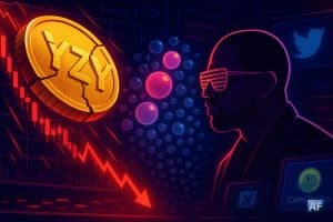 Pièce YZY fissurée chutant sur un graphique rouge en forte baisse, silhouette de Kanye West aux “shutter shades”, nuée de bulles dont 11 plus grosses (wallets gagnants).