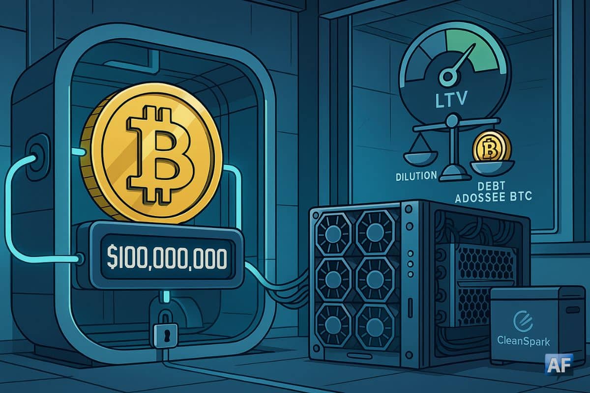 Dans un coffre-fort high-tech, un BTC “collatéral” alimente l’afficheur “100 000 000 $”, tandis que les racks CleanSpark s’allument sous un indicateur LTV au vert et un néon Coinbase Prime.